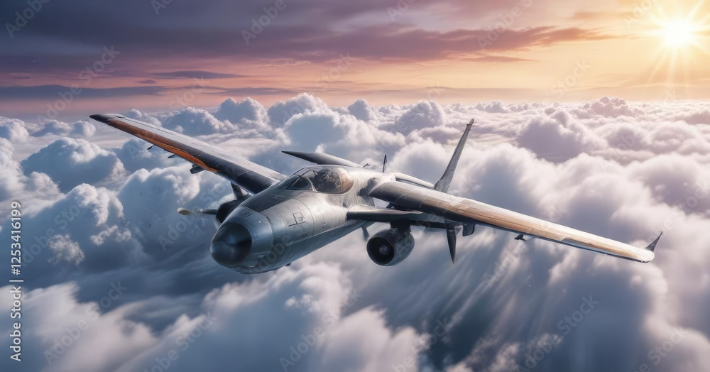 Obraz premium Airplane wing gliding through misty morning sky, aerodynamic shape, aircraft in flight