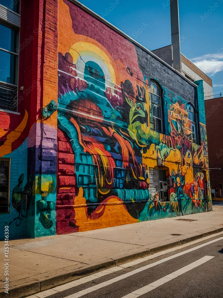 Fototapeta premium Vibrant mural on a city street wall, surrounded by urban architecture.