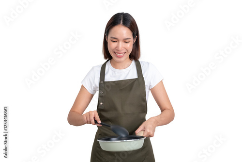 Obraz na plátně A portrait of young female wear white t-shirt and cover with green apron are coo