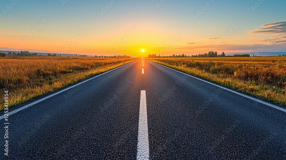 Fototapeta premium Sunrise road trip, countryside asphalt highway, summer dawn