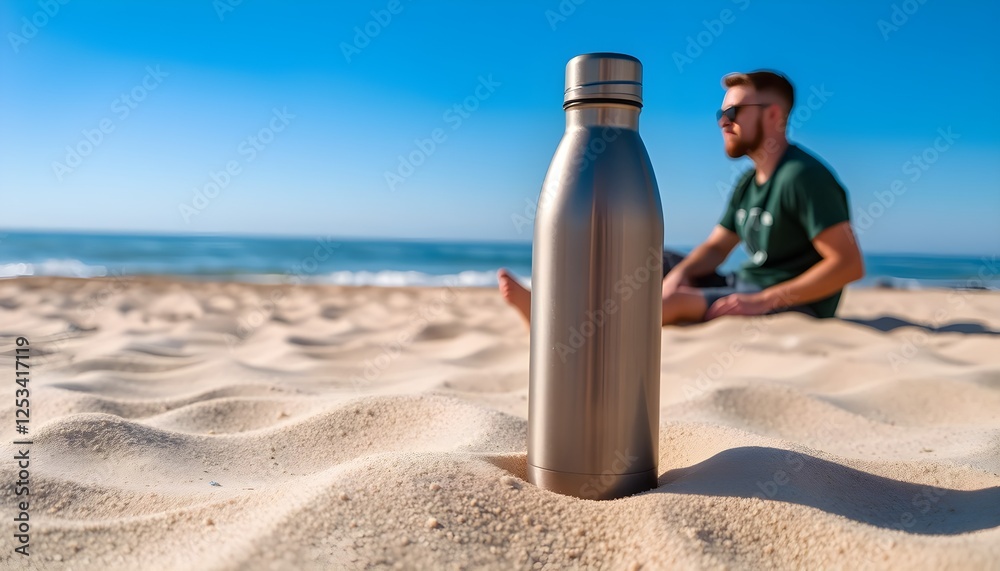 Oceanfront Minimalism: Mockup Scene with a Stylish Metallic Bottle Oceanfront Minimalism: Mockup Scene with a Stylish Metallic Bottle