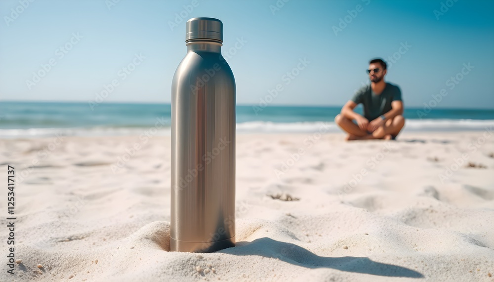 Seaside Stillness: Metallic Bottle in Focus with a Man by the Shore Seaside Stillness: Metallic Bottle in Focus with a Man by the Shore