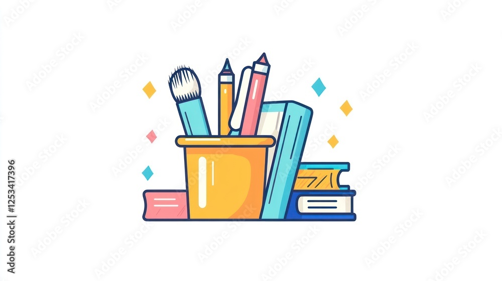 Fototapeta premium Colorful stationery collection, books and pens, office supplies, decorative