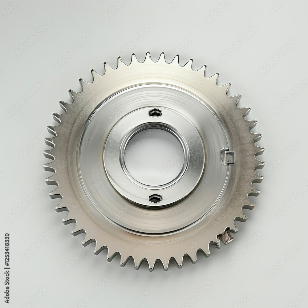 A metallic gear with teeth, used in machinery for mechanical movement and power transmission. isolated on white background A metallic gear with teeth, used in machinery for mechanical movement and power transmission. isolated on white background