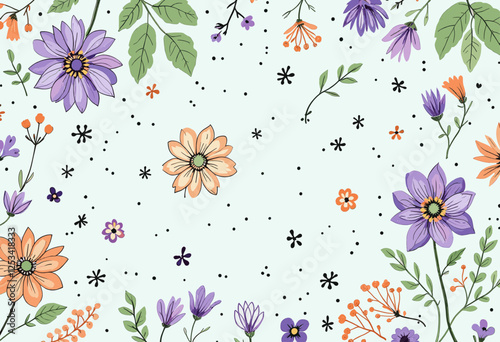 A variety of flowers and leaves in shades of purple, orange, and green, scattered across a light blue background. Vector patterns, random pattern