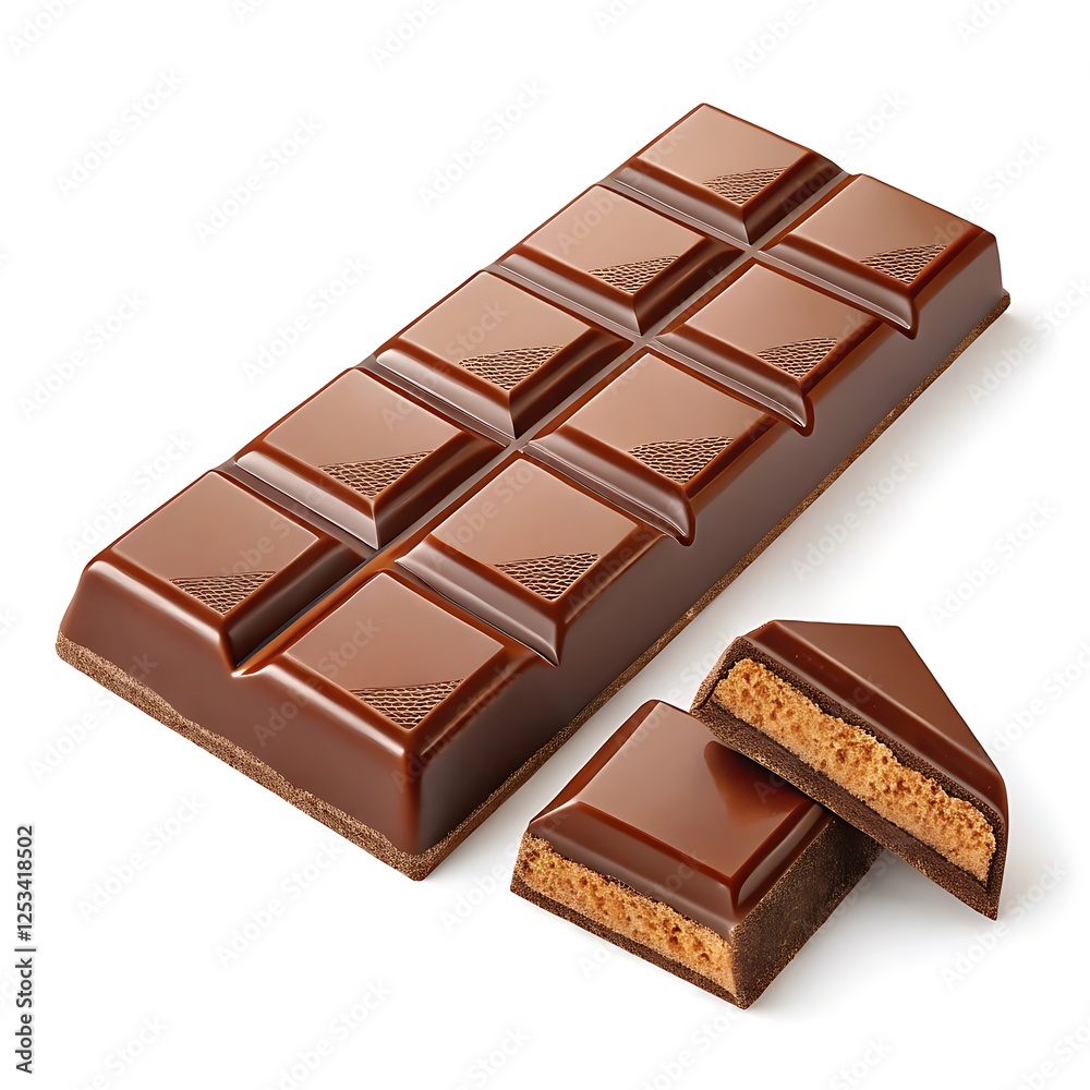 Fototapeta premium 3D illustration of a chocolate bar featuring smooth, square pieces. The design emphasizes a rich, indulgent treat with a glossy surface