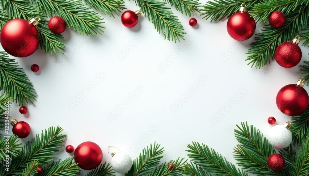 Festive red, green, white ornaments & branches form a Christmas border , decoration, bow, green Festive red, green, white ornaments & branches form a Christmas border , decoration, bow, green