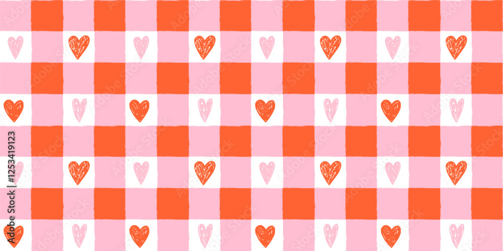 Hand drawn vector plaid, gingham seamless pattern with red and pink doodle hearts, Grunge tartan, check irregular geometric background for Valentine's Day