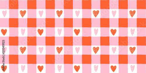 Hand drawn vector plaid, gingham seamless pattern with red and pink doodle hearts, Grunge tartan, check irregular geometric background for Valentine's Day