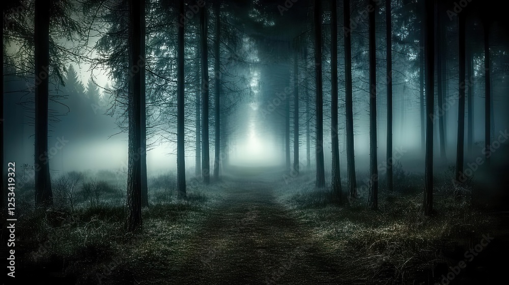 Naklejka premium Forest background picture showing A dense forest at night, with tall trees and eerie shadows in the background