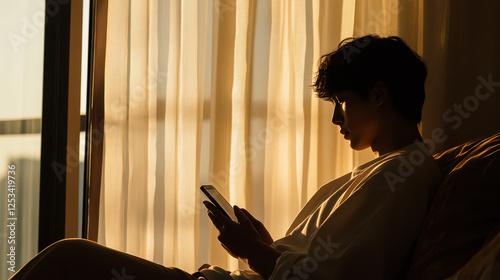 a young man sitting by a window looking at his phone with the sun shining through the curtains.