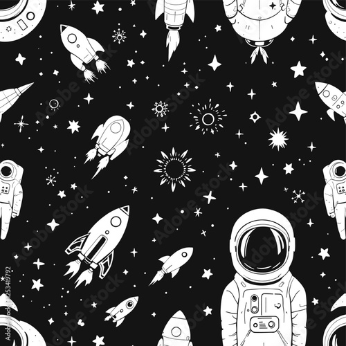 Fototapeta Naklejka Na Ścianę i Meble -  A black and white space theme with a repeating design of a space suit, a rocket, and a planet. Vector patterns, random pattern