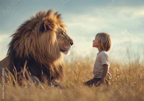 lion and a boy in the desert