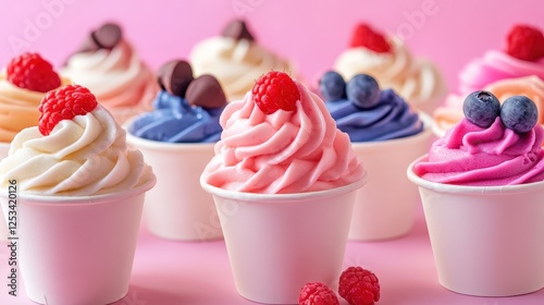 Vibrant and Colorful Swirl of Soft Serve Ice Cream with Fresh Berries in Cups Against a Soft Pink Background