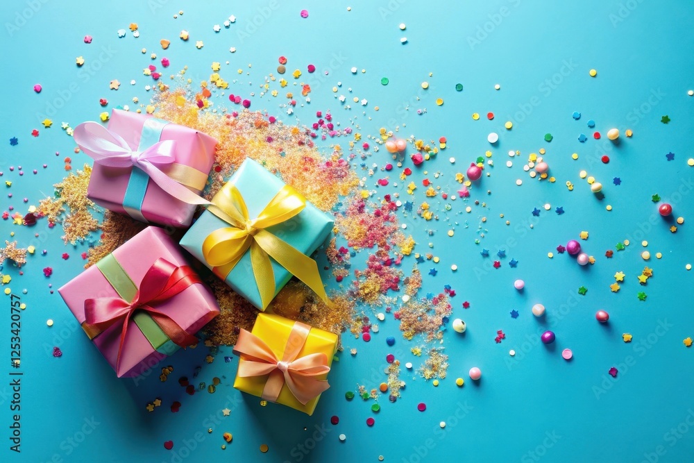 A Festive Collection of Wrapped Gifts Adorned with Colorful Ribbons and Surrounded by Sparkling Confetti on a Vibrant Blue Background