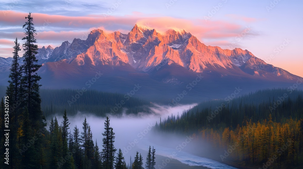 Fototapeta premium Majestic mountain landscape with misty river and golden sunrise over dense forest