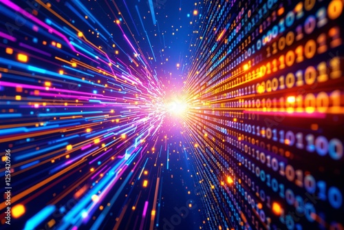 Bright digital light burst with colorful binary data streams.