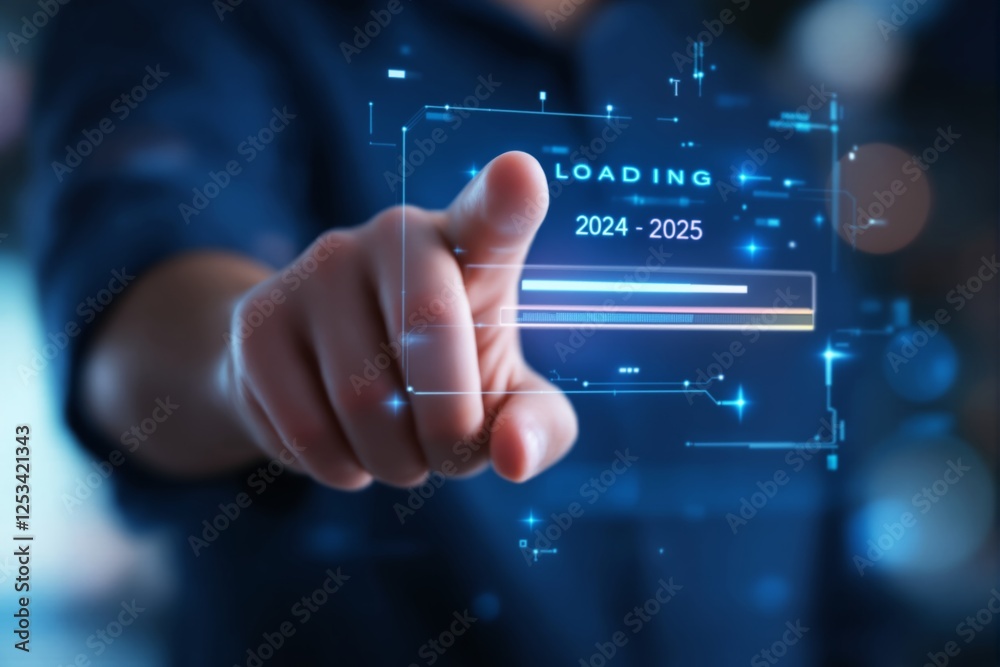 Hand interacting with futuristic digital loading interface for 2024-2025 transition. Hand interacting with futuristic digital loading interface for 2024-2025 transition.