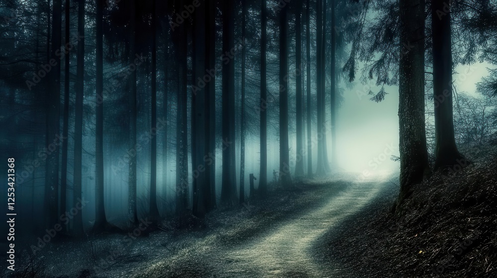 Obraz premium Forest background picture showing A dense forest at night, with tall trees and eerie shadows in the background