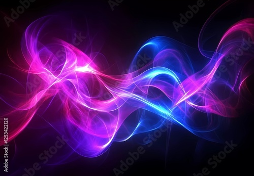 Abstract background with neon glowing lines, blue and purple light on a dark black backdrop.