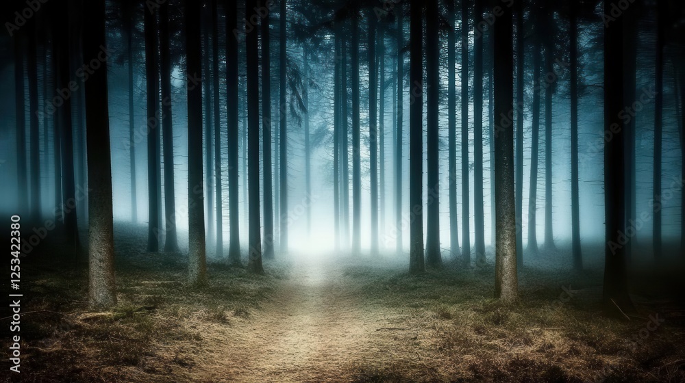 Fototapeta premium Forest background picture showing A dense forest at night, with tall trees and eerie shadows in the background