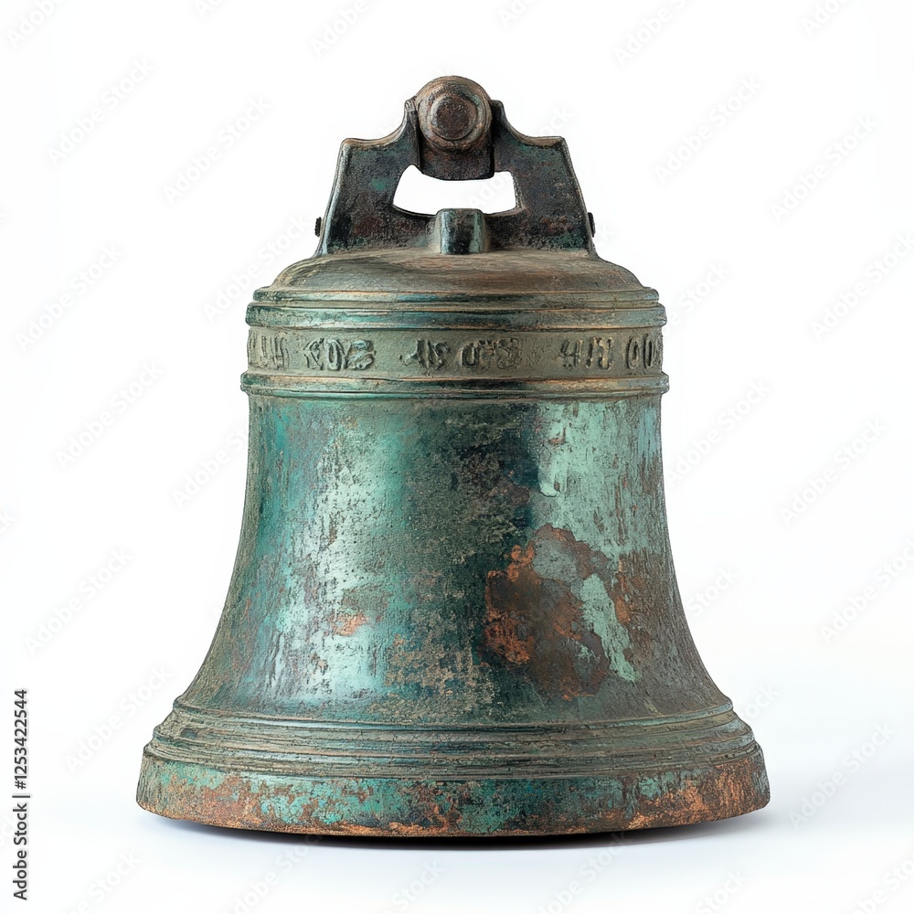 An old, brass ship's bell, showing marine wear with a verdigris patina, isolated on a white background - Generative AI An old, brass ship's bell, showing marine wear with a verdigris patina, isolated on a white background - Generative AI