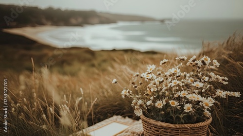 an field by the ocean with a picnic blanket and a strawbasket of flowers. next to the strawbasket is wooden frame with a white interior. photo