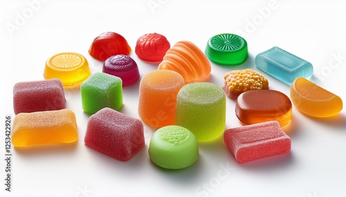 An assortment of colorful candies, jelly sweets, and marmalade pieces, isolated on a white background.