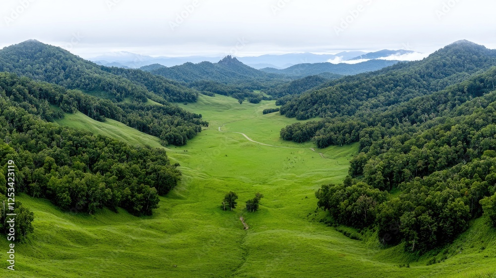 Fototapeta premium Panoramic Mountain Valley, Lush Green Grass, Misty Hills