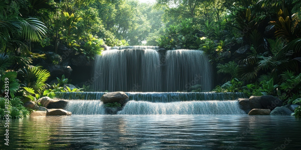 Naklejka premium Serene Waterfall in Lush Tropical Paradise: A Tranquil Oasis
