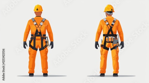 Detailed Illustration of a Worker in Full Safety Gear: Front and Back View of an Orange Work Suit, Harness, and Helmet photo