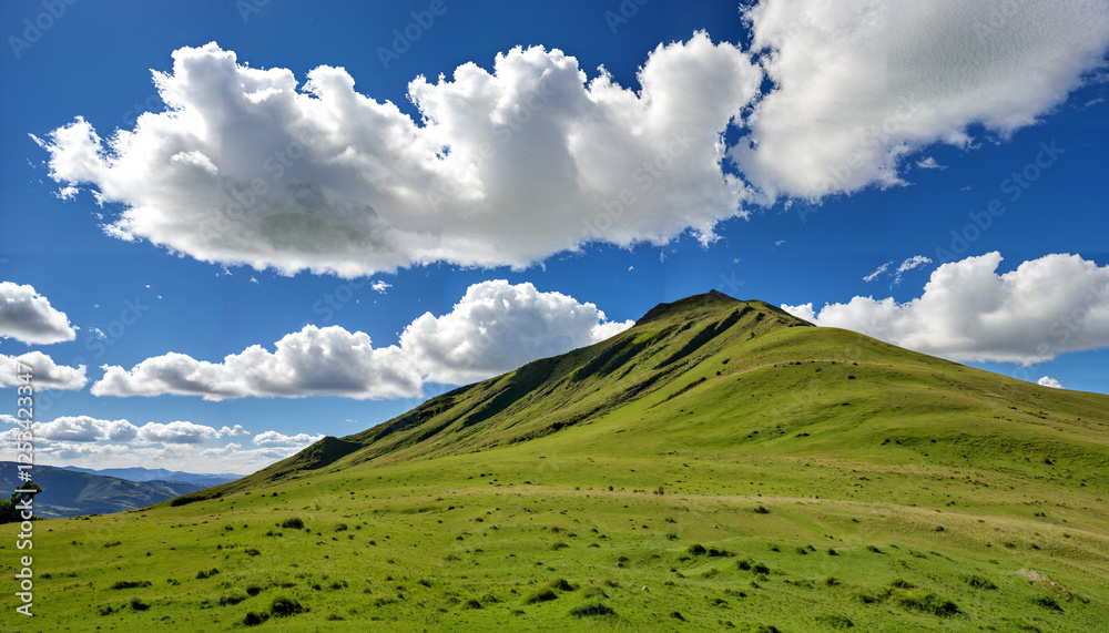 Fototapeta premium Le paysage verdoyant d'une montagne sous un ciel bleu clair avec des nuages blancs.