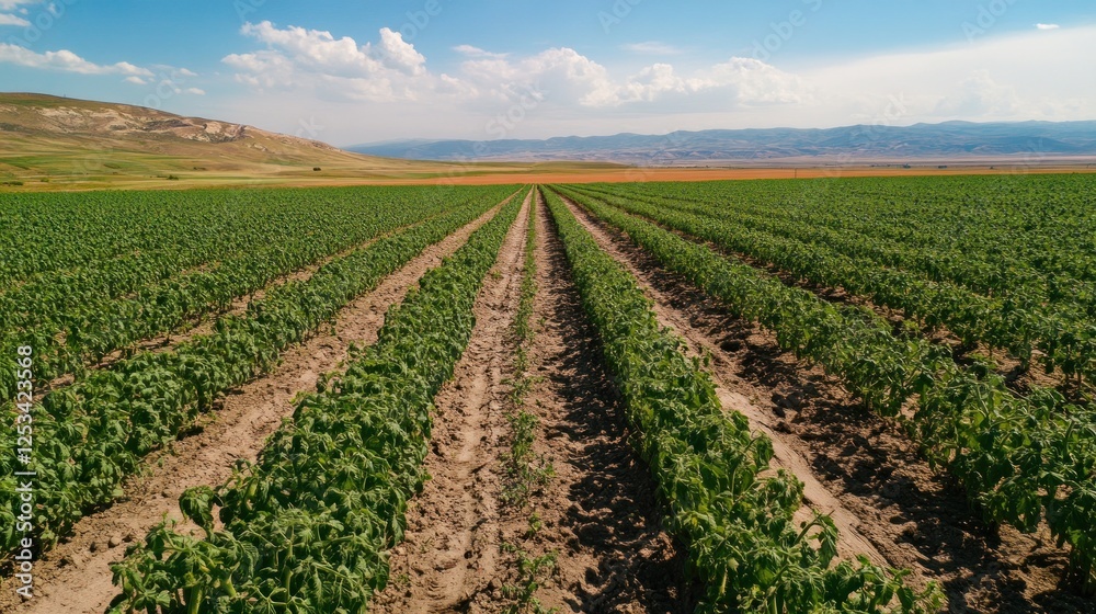 A vast agricultural field with rows of crops under a clear blue sky and distant mountains. A vast agricultural field with rows of crops under a clear blue sky and distant mountains.