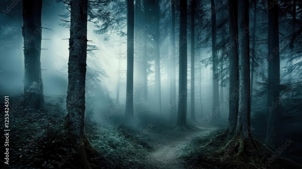 Obraz premium Forest background picture showing A dense forest at night, with tall trees and eerie shadows in the background