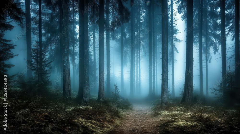 Obraz premium Forest background picture showing A dense forest at night, with tall trees and eerie shadows in the background