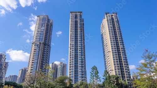 Three tall residential buildings stand side by side, in a cityscape, against a clear blue sky, during the day.