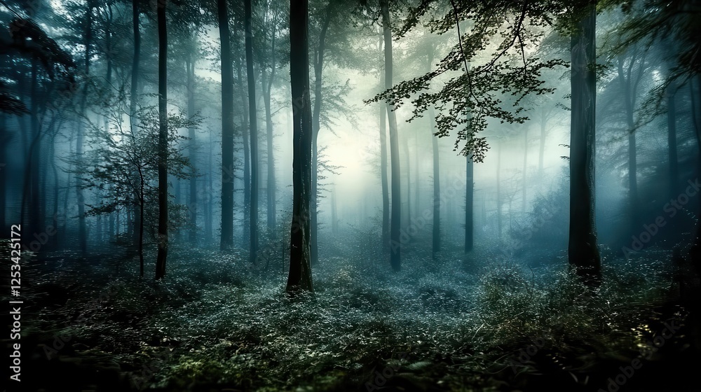 Obraz premium Forest background picture showing A dense forest at night, with tall trees and eerie shadows in the background