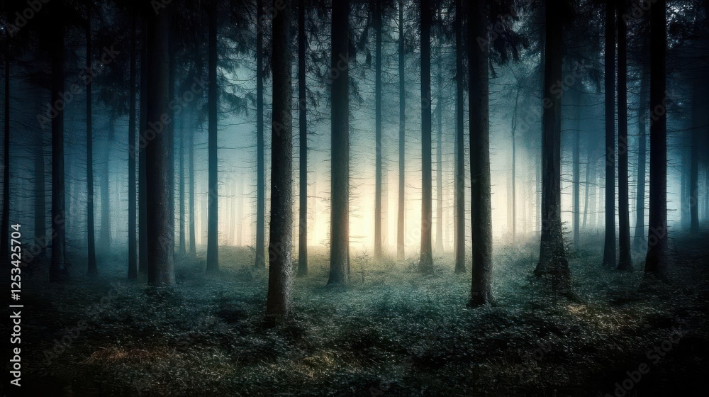 Fototapeta premium Forest background picture showing A dense forest at night, with tall trees and eerie shadows in the background
