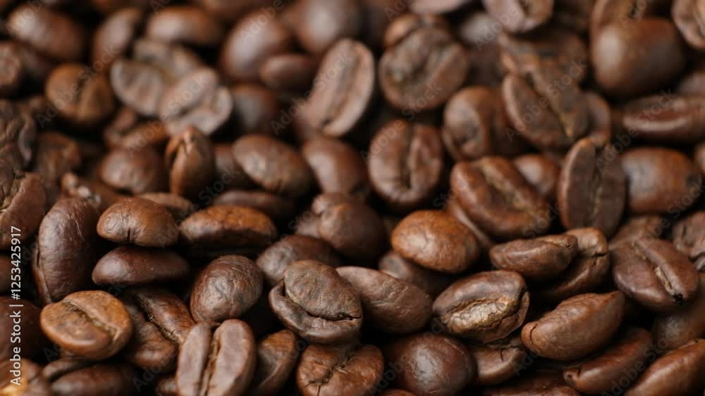 Rotating a pile of caffeine-free decaf coffee beans close-up Rotating a pile of caffeine-free decaf coffee beans close-up