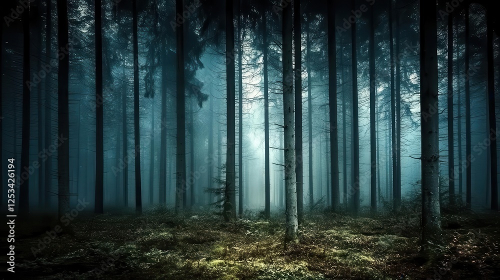 Naklejka premium Forest background picture showing A dense forest at night, with tall trees and eerie shadows in the background