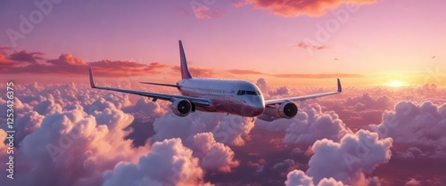 an airplane flying high above puffy clouds against a vibrant pink orange sunset, daytime, flying machine, aircraft