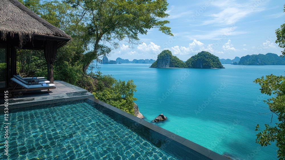 Obraz premium Luxurious Infinity Pool Overlooking Tropical Ocean Paradise