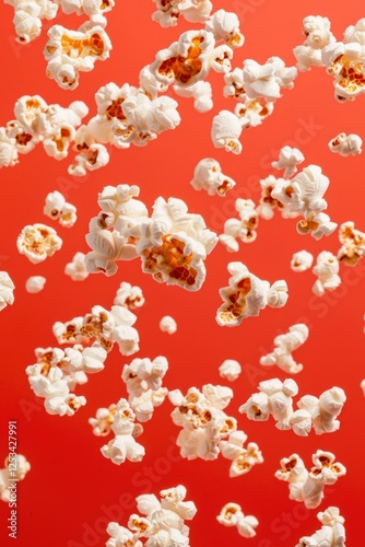 Popcorn in mid-air against a vibrant red background. Possible use stock photo for food, snack, or movie themes photo