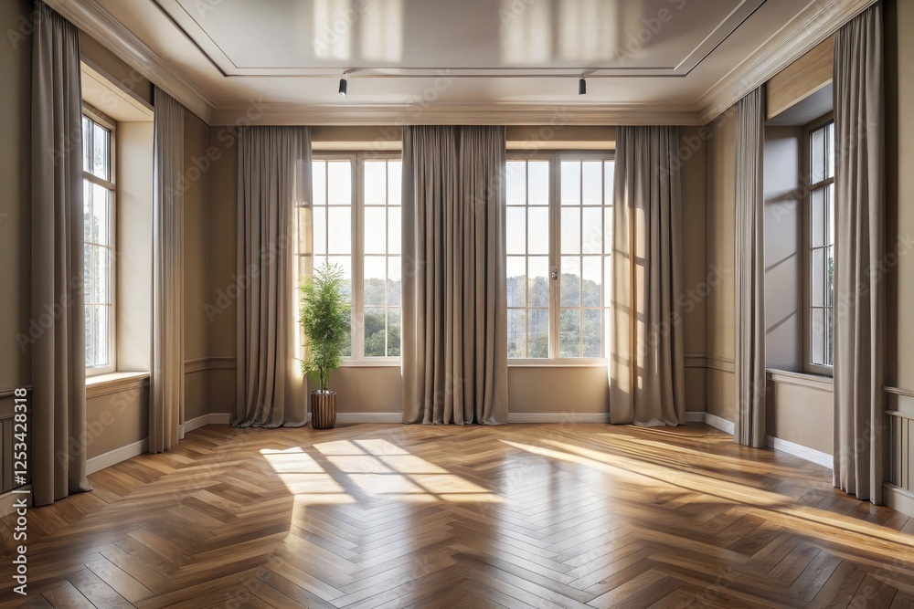 Fototapeta premium Sunlit Empty Room with Hardwood Floors and Elegant Drapes