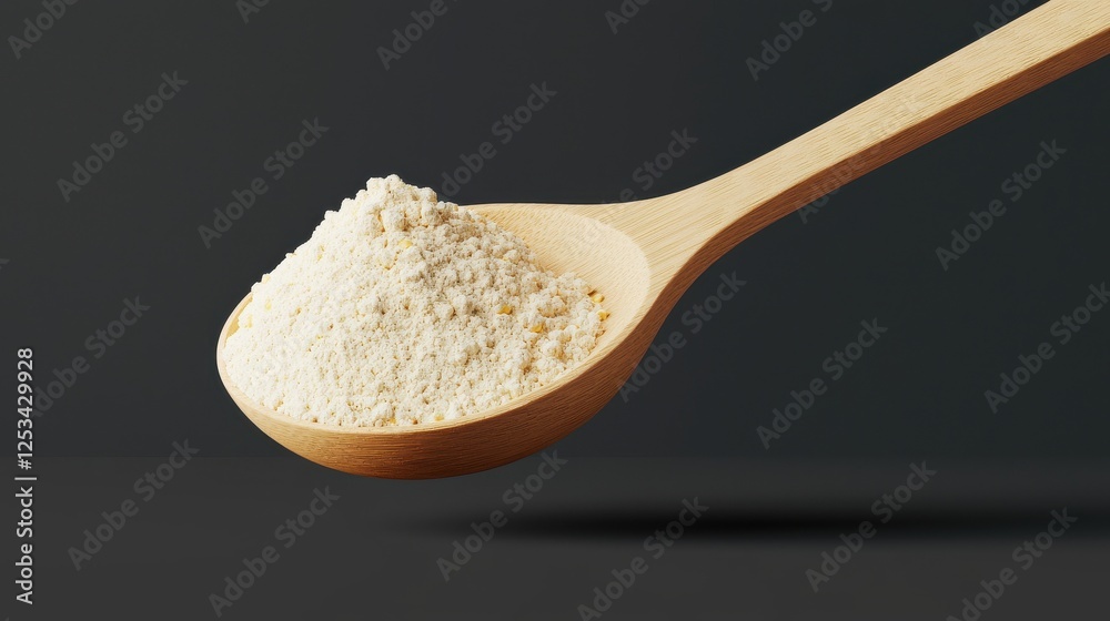 Wooden Spoon with Heap of Fine White Powder on Dark Background Wooden Spoon with Heap of Fine White Powder on Dark Background