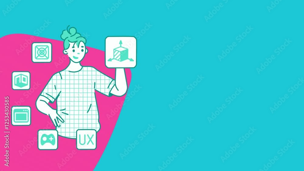 Online business concept, trading forex, stock market animation with negative space for your text, young woman selecting an icon