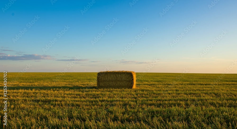 Fototapeta premium Hay Bale in Field at Sunset Under Blue Sky Scenery