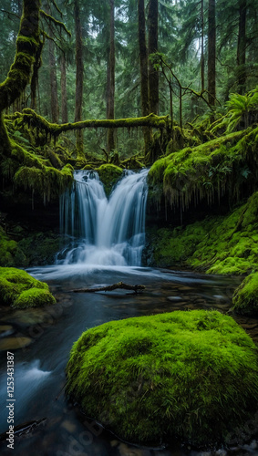 Waterfall in a mossy forest.