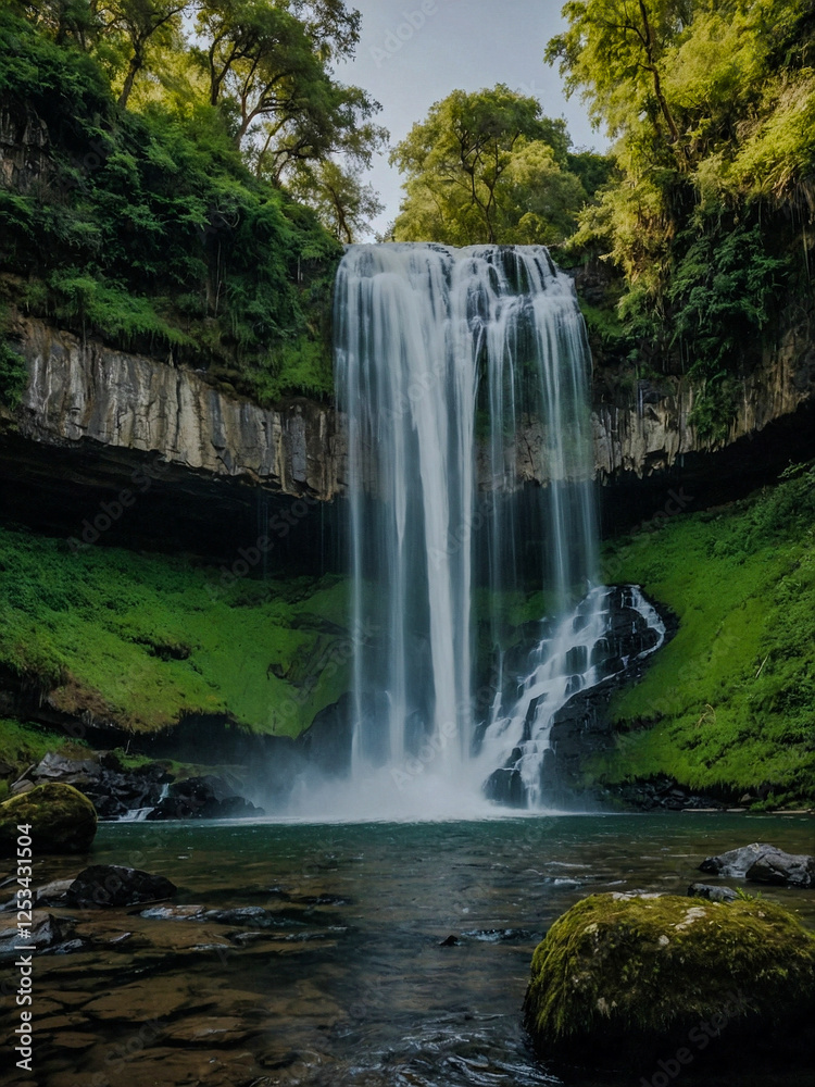 Obraz premium Waterfall surrounded by greenery.