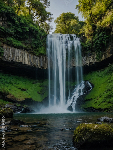 Waterfall surrounded by greenery.